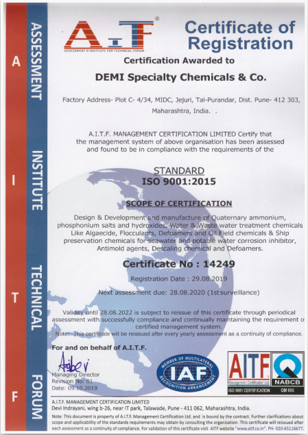 ISO 9001 2015 DEMI Specialty Chemicals Certificate