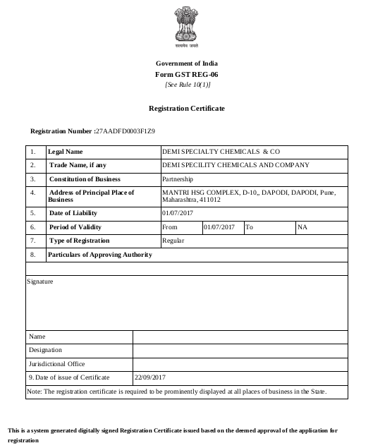 DEMI Registration Certificate